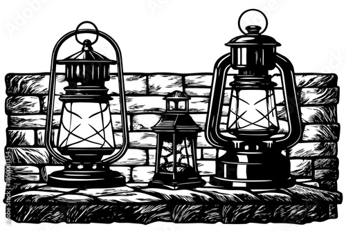 Vintage storm lamps displayed on rustic stone walls, atmospheric antique lighting fixtures, historic outdoor lighting objects, and nostalgic mood setting for heritage and rustic design concepts.