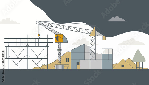 Construction site with cranes and scaffolding under a cloudy sky