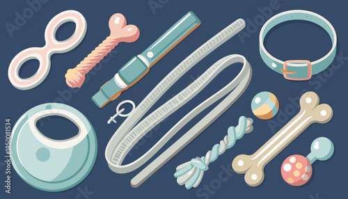 Assorted dog accessories and toys arranged neatly against a blue background