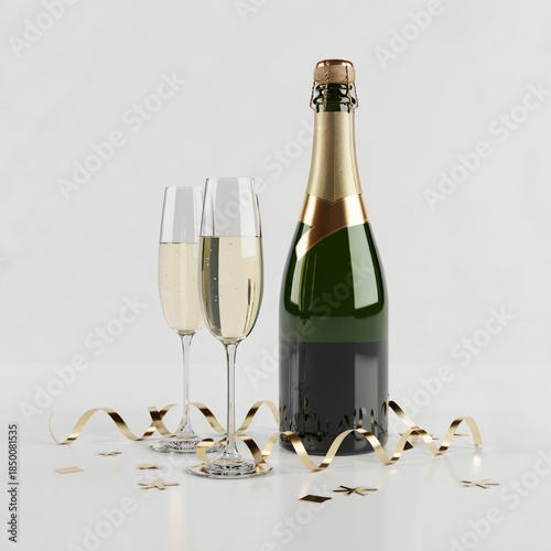 Champagne Celebration Luxury Party Concept with Bottle and Glasses – Elegant Champagne Celebration Minimal White Background – Premium Champagne Celebration Festive Design