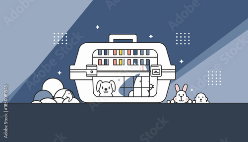 Pet carrier with animals inside on a blue background with various creatures around it