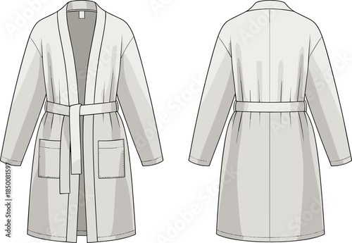 Bathrobe technical fashion illustration, front and back views, shawl collar, patch pockets, belted waist, long sleeves, garment sketch