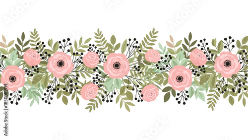 Pastel pink floral garland with lush green foliage, a delicate romantic border for invitations, weddings, and spring decor