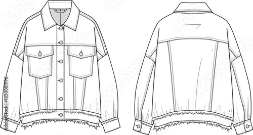 Denim jacket vector illustration, fashion design sketch, front and back views, flap chest pockets, frayed hem, button details, garment construction layout