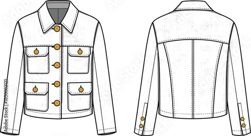 Denim jacket vector illustration, fashion design sketch, front and back views, yellow buttons, patch pockets, structured seams, garment construction layout