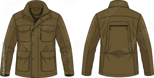 Outdoor utility jacket technical illustration, front and back views, high collar, flap and zip pockets, functional design, fashion sketch