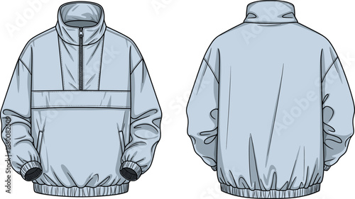 Pullover jacket vector illustration, fashion design sketch, front and back views, high collar, kangaroo pocket, partial zipper, elastic cuffs, garment layout