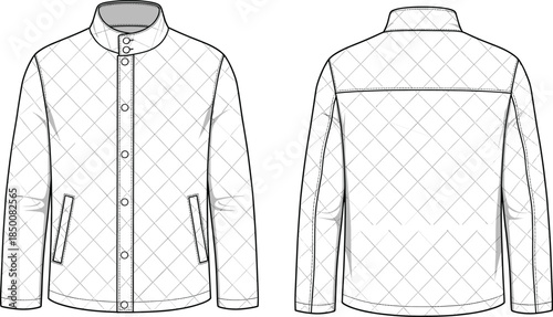 Quilted jacket vector illustration, fashion design sketch, front and back views, diamond stitching, stand-up collar, welt pockets, garment construction layout