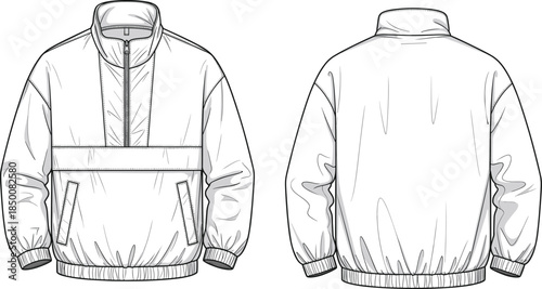 Pullover jacket vector illustration, fashion design sketch, front and back views, high collar, partial zipper, angled pockets, elastic cuffs, garment layout