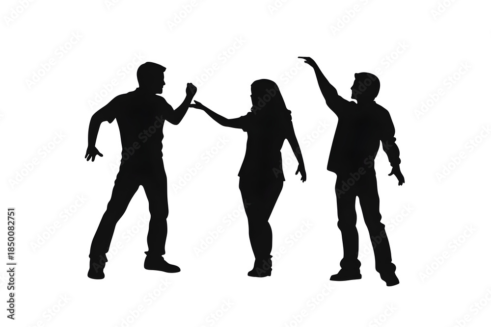 Obraz premium Silhouette of Joy: Three figures dance and revel in the moment, their silhouettes painting a scene of freedom and expressive joy, a testament to the power of movement and connection.
