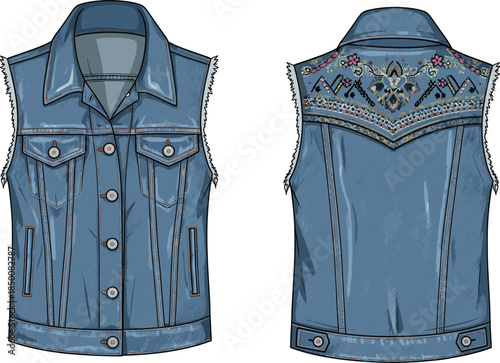 Sleeveless denim vest technical illustration, front and back views, button-down front, flap pockets, embroidered back, fashion sketch, garment design