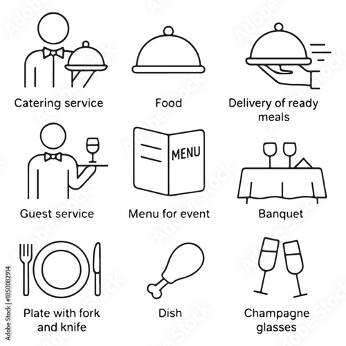 Catering line icon set vector. Catering service, food, delivery of ready meals, guest service, menu for event, banquet vector