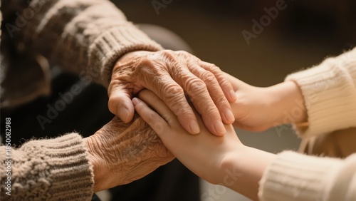 Hands of the elderly and the young clasp together; warm light holds gentle care for the elder, full of family warmth.