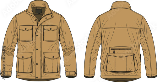 Utility jacket technical fashion illustration, front and back views, high collar, flap pockets, zipper and button closure, workwear sketch