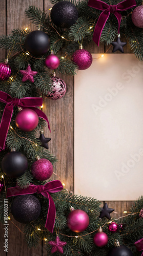 pink christmas decoration background with ornaments and empty copy space