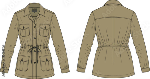 Utility jacket vector illustration, fashion design sketch, front and back views, flap pockets, drawstring waist, button closure, garment construction layout