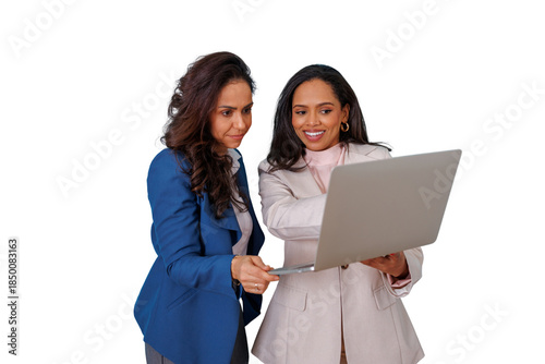Obraz na plátne Diverse businesswomen collaborating on a laptop, discussing work, planning, and