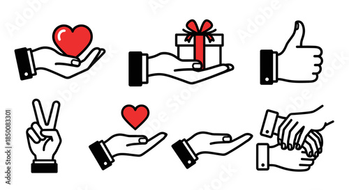 Hands Holding Heart, Gift, Thumbs Up and Peace Sign, Isolated on White