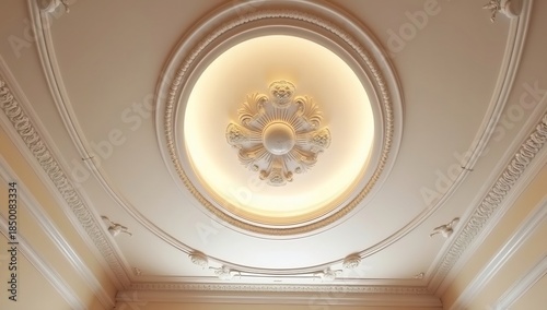 Ornate white ceiling with a central illuminated medallion featuring intricate classical carvings and decorative moldings