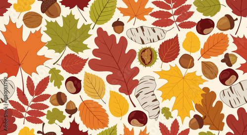 Autumn Leaves and Acorns Scattered on Beige Background