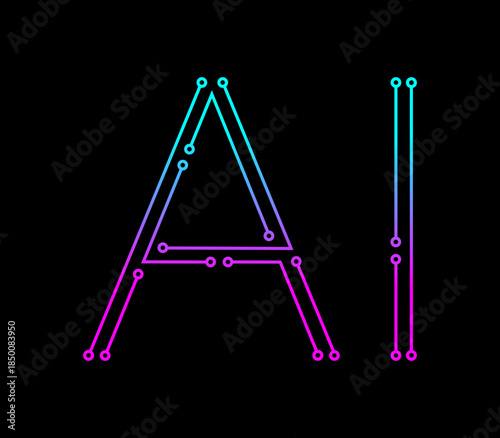 Letters AI, stylized to resemble circuit pattern. Font and artificial intelligence concepts, neon style.