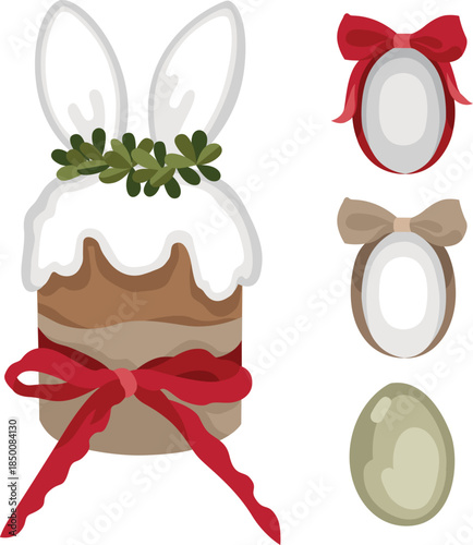 Hand-drawn Easter cake with bunny ears and dyed eggs with bows