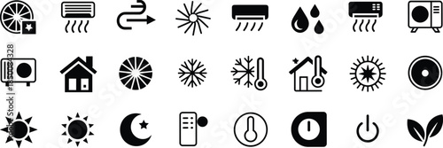 Air conditioning climate control icon set featuring heating cooling ventilation weather temperature energy efficiency symbols vector illustration modern minimal design