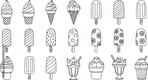 "Black and white ice cream and popsicle vector designs with cones, sundaes, frozen desserts for coloring artwork"
