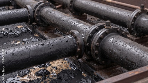 Pipes transport oil at an industrial site during daytime with droplets on wet surfaces