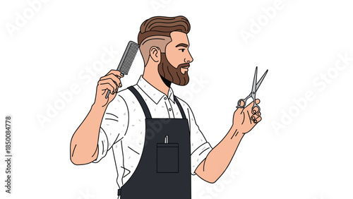 Stylish barber confidently holds professional tools, a comb and scissors, ready to provide a modern haircut and grooming experience.
