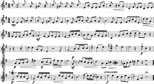 "Sheet music vector with treble clef, dynamics, articulations, expressive markings in G major for musical design" 