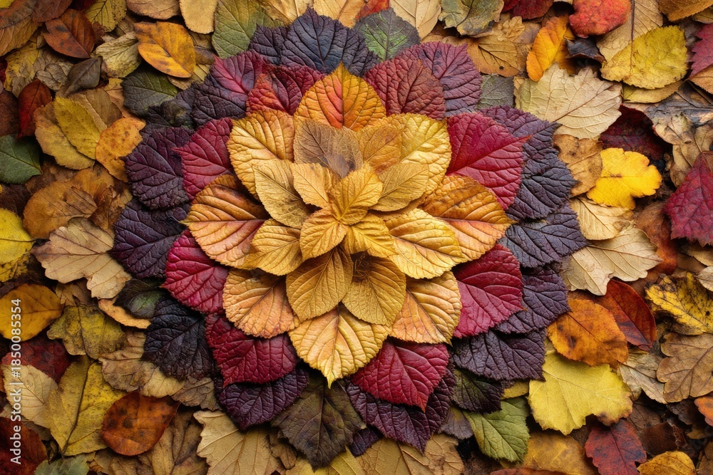 Fototapeta premium Varied autumn leaves arranged in a symmetrical circular pattern, showcasing different colors like gold, red, purple, and brown. The arrangement highlights the diverse textures of the leaves