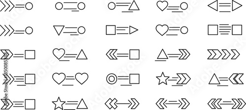 "Symbolic geometric shapes and arrows grid with circles, squares, triangles, stars, hearts for logic and pattern design" 