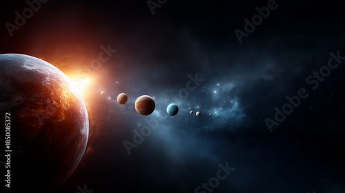 Ultra-realistic 4K space scene of the planets of the Solar System aligned in a perfect horizontal row against deep outer space; on the far left a glowing Sun emitting intense orang