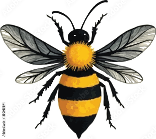 Vector art of a detailed illustration of a bee with black and yellow stripes, isolated on white background