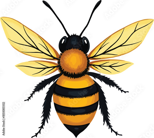 Vector art of a detailed illustration of a bee with black and yellow stripes, isolated on white background