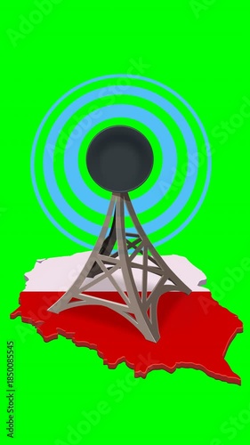 Loopable 3D animation of a telecom tower on a Poland map flag emitting signal waves. Ideal for 5G, broadcasting, and connectivity concepts. Chroma key green screen with alpha channel