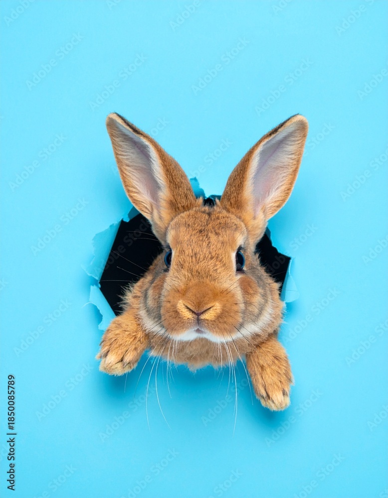 Fototapeta premium Osterhase schaut aus Loch in blauer Wand