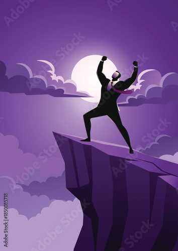 Businessman standing on top of a mountain cliff raising his hands with a sense of achievement