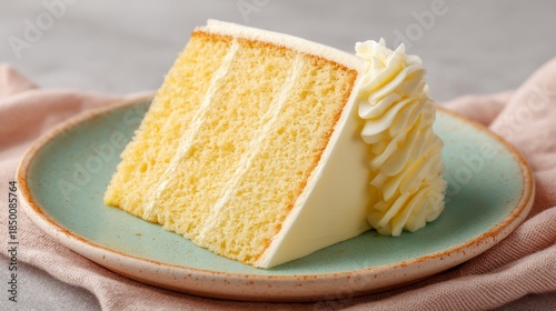 A beautifully cut slice of cake showcases smooth, creamy buttercream layers. The pastel plate adds a touch of elegance, enhancing the dessert's inviting appearance