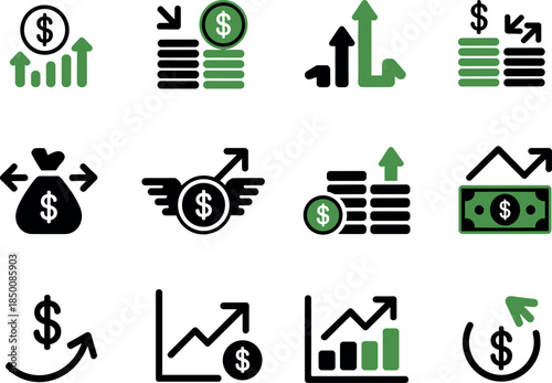 Financial growth and investment icon set charts, money bags, finance, icon, set, money, dollar, currency, growth, investment, and economic indicators