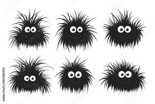 Playful Fuzzy Creatures: A collection of six cute, fluffy, animated creatures, each with a unique personality and expression. These friendly characters are full of whimsy.