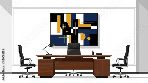Modern executive office with abstract art and wooden desk