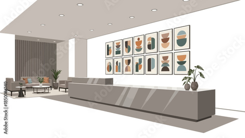 Modern lobby with reception desk seating area and abstract art wall