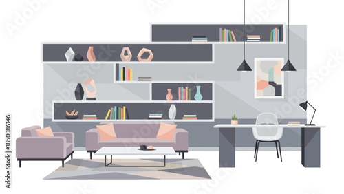 Modern living room with modular shelving seating area and desk