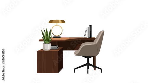 Minimalist office setting with brown desk chair lamp and snake plant