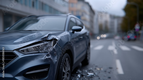 Ultra-realistic 4K urban road accident scene depicting a serious vehicle collision involving an SUV, stopped in the middle of a city street; visible front-end car damage, crumpled