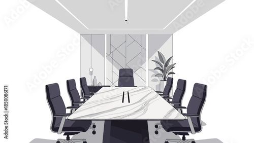 Monochromatic modern conference room with large marble table and executive chairs