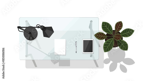 Overhead view of a glass desk with a lamp paper tablet pen and potted plant