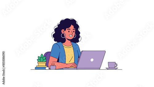 Woman cheerfully working on a laptop at a tidy desk with a plant and a cup of tea, embodying a productive and positive work from home lifestyle.